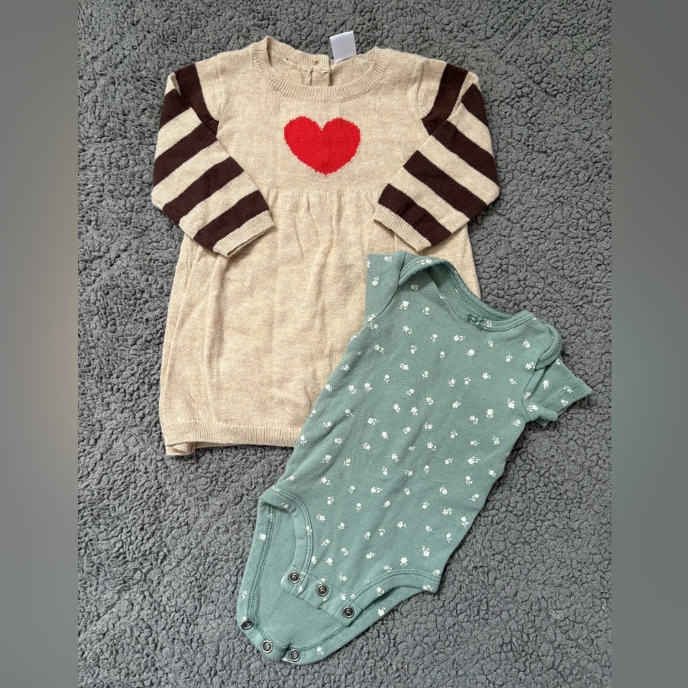 Nordstrom Baby Cream Sweater Dress with Red Heart and Green Onesie